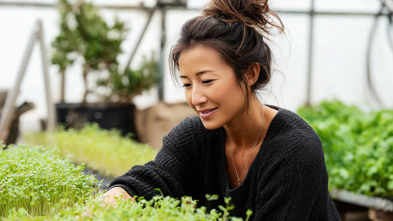 A Joyful Gardener Tending to Fresh Microgreens in a Lush Greenhouse, Showcasing Her Passion for Sustainable Farming and the Beauty of Nurturing Plants to Growth and Abundance