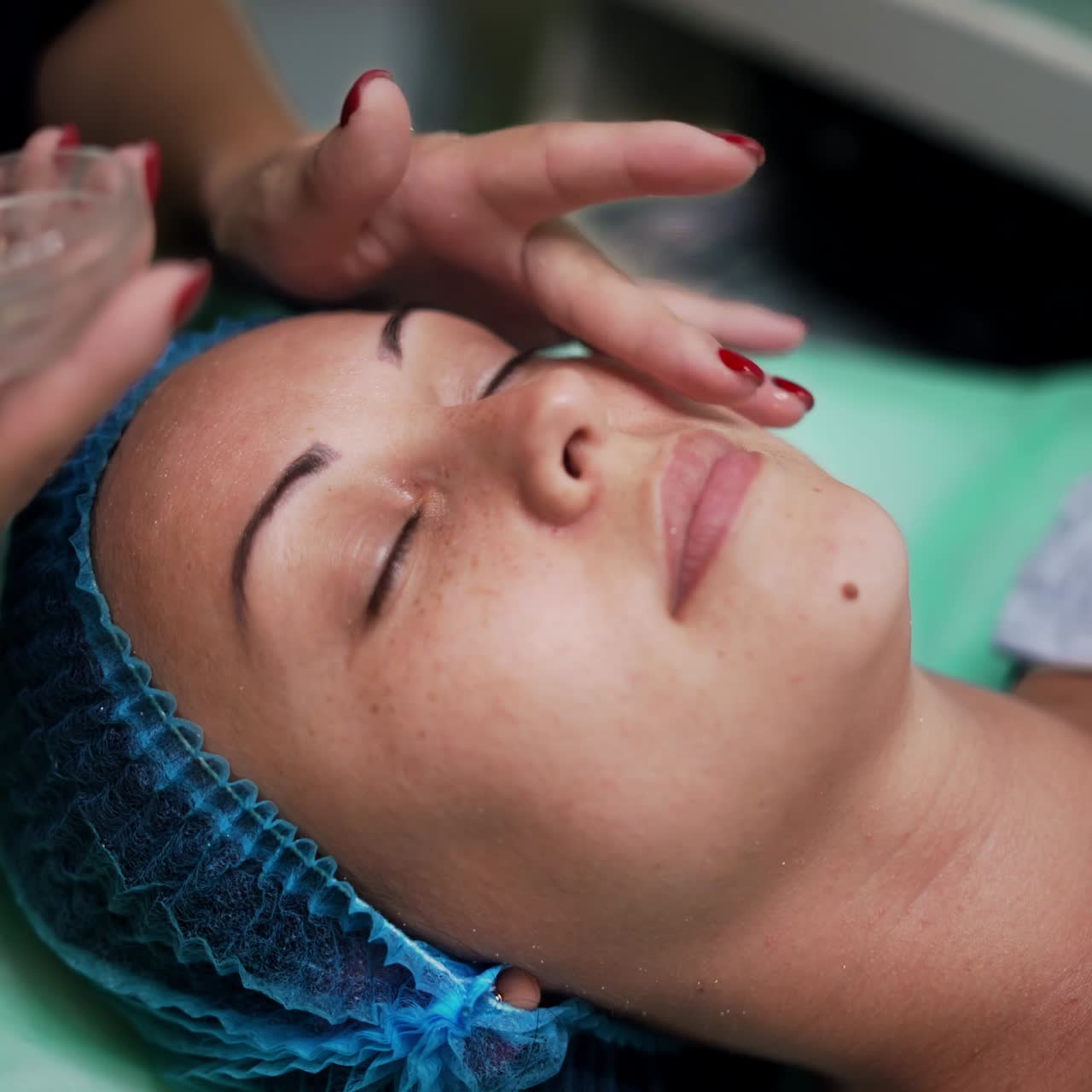 Caucasian woman wearing protective cap lies with eyes closed on the couch at salon. Cosmetologist applying some gel from a little glass cup on client's face. Close up