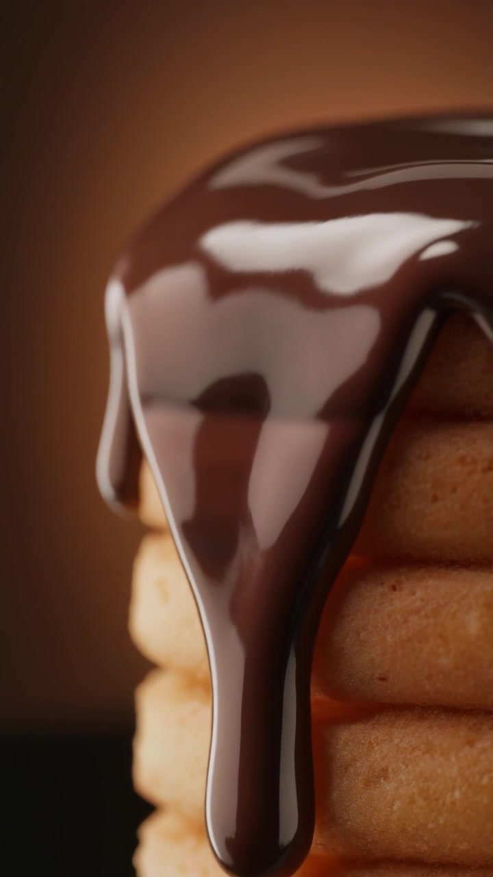 Vista macro di una densa salsa al cioccolato fondente che gocciola su una pila di biscotti rotondi
