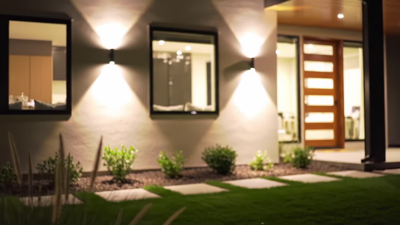 Illuminated Modern Home Exterior at Nighttime Showcasing Elegant Landscaping and Stylish Architecture with Soft Ambient Lighting