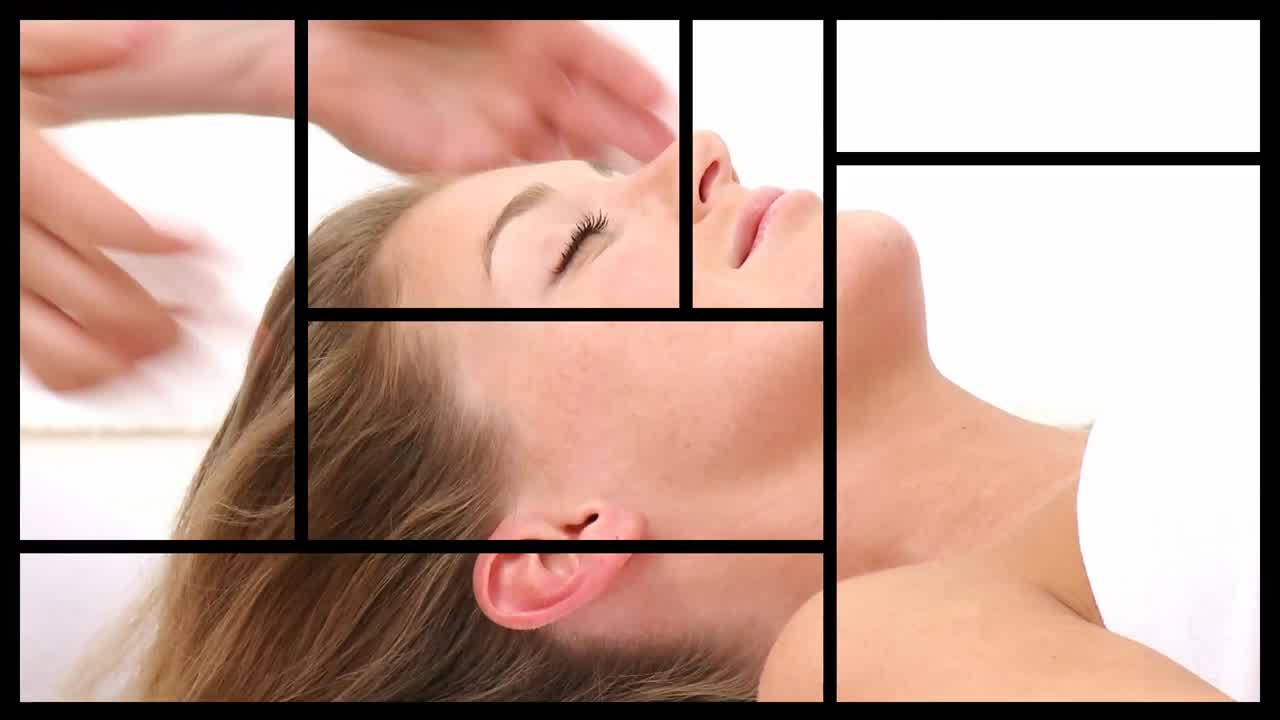 스파 치료 를 받고 있는 편안 한 여자 를 보여 주는 몽타지