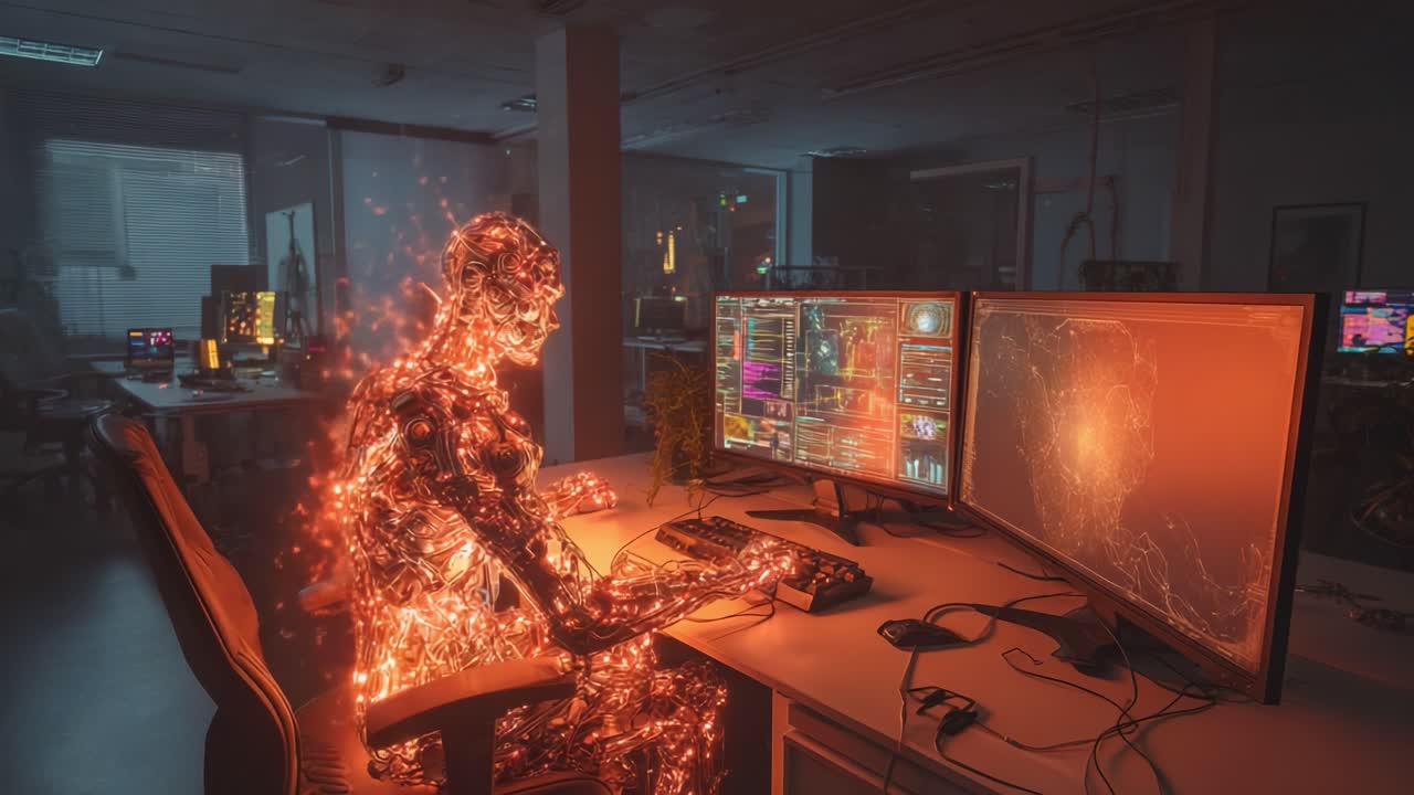 An ethereal digital entity interacts with high-tech monitors in a dimly lit workspace, showcasing a mesmerizing blend of luminous particles and advanced coding in a futuristic environment