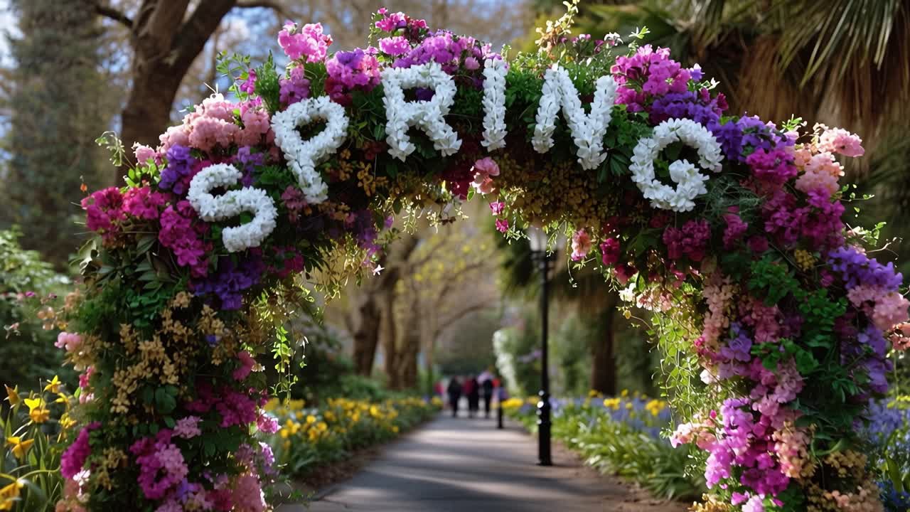 Vibrant spring arch blooms with colorful flowers. Pathway leads into bright garden under soft daylight. Colorful blooms frame word "SPRING" in bold letters