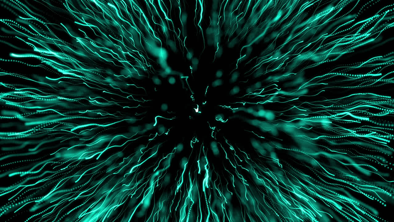 Digital animation of green light trails exploding against black background
