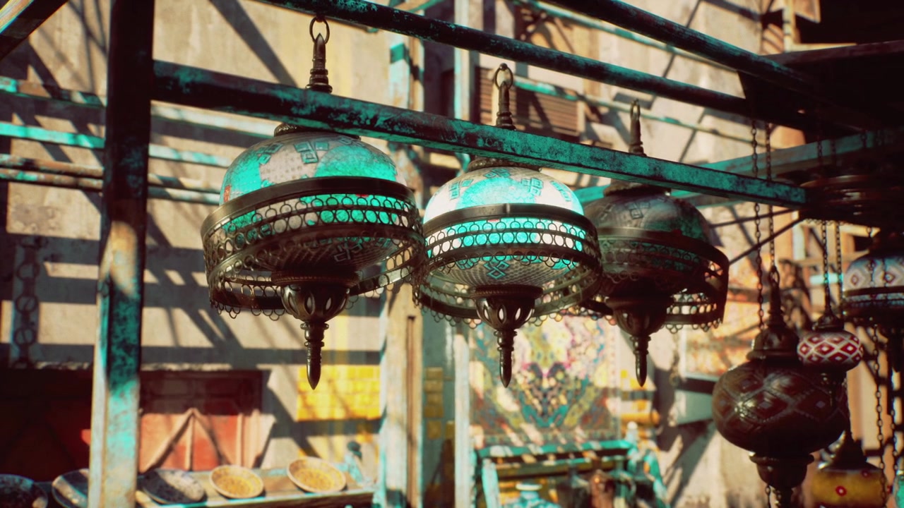 Sundrenched mosaic lamps cast lively patterns over busy street scene