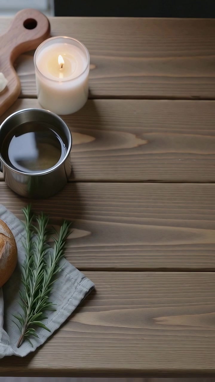 Vertical video: Panning cam showing left breakfast on wood table at window, candle, cup, copy space