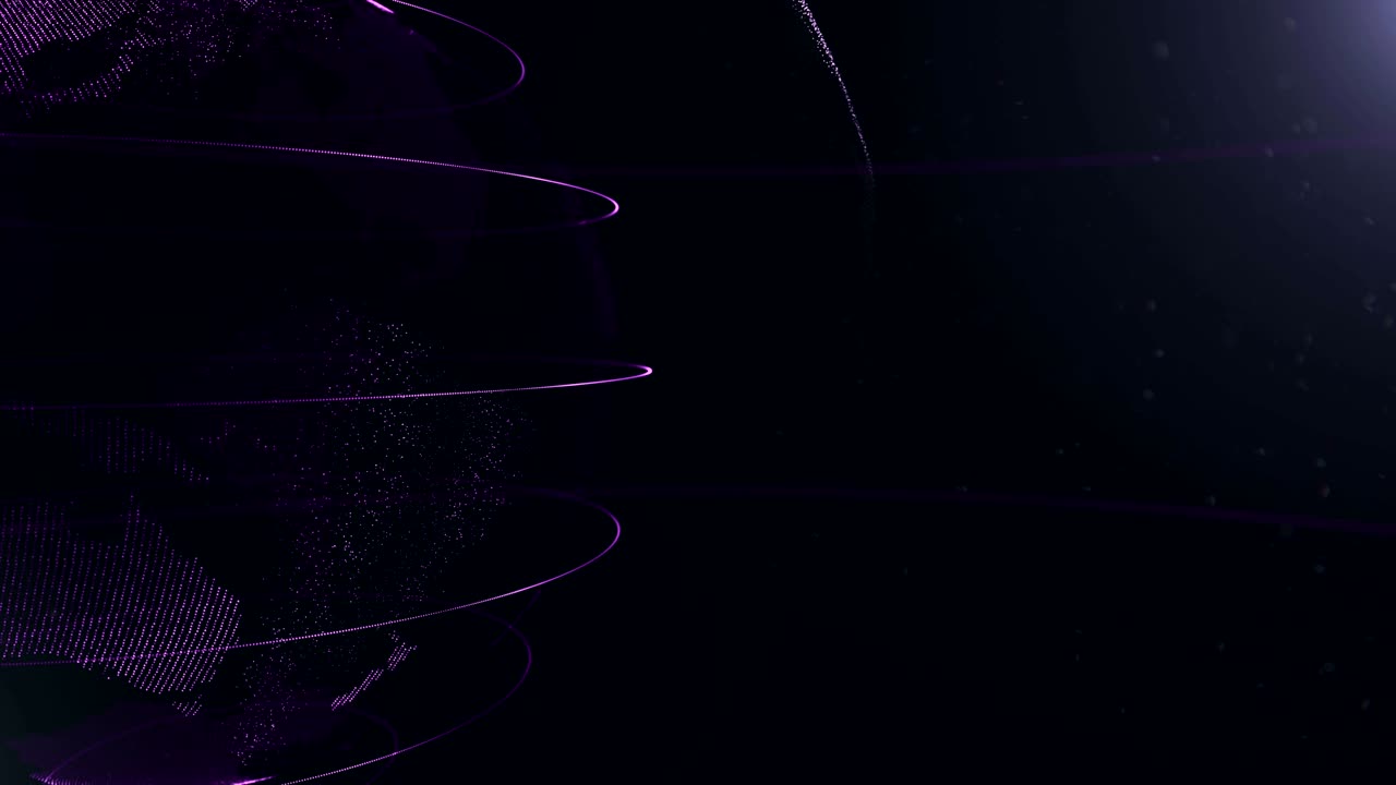 Abstract sphere. Cropped. Connected violetdots with lines. Globalization interface. Planet is moving on the left side. 4K.