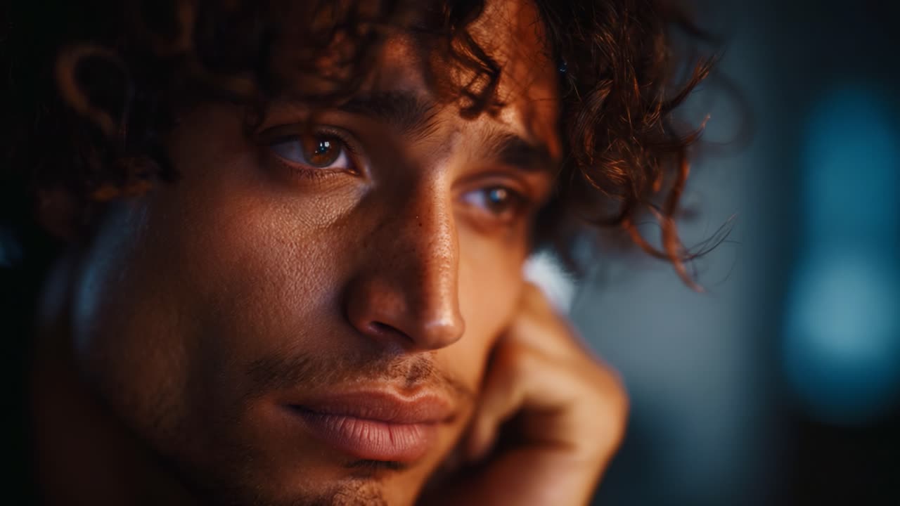 A close-up portrait of a pensive young man with curly hair and expressive eyes, immersed in deep thought or reflection, conveying a range of emotions in soft lighting