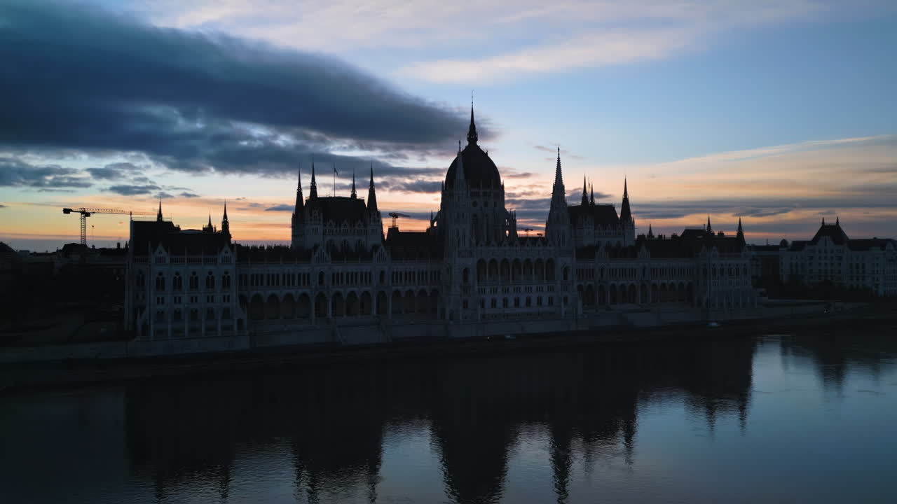 Aerial drone view of Hungarian Parliament building at sunset in Budapest
