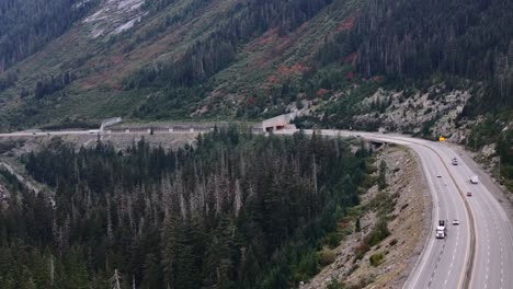 traffic descending steep coquihalla highway slopes toward great bear snow shed