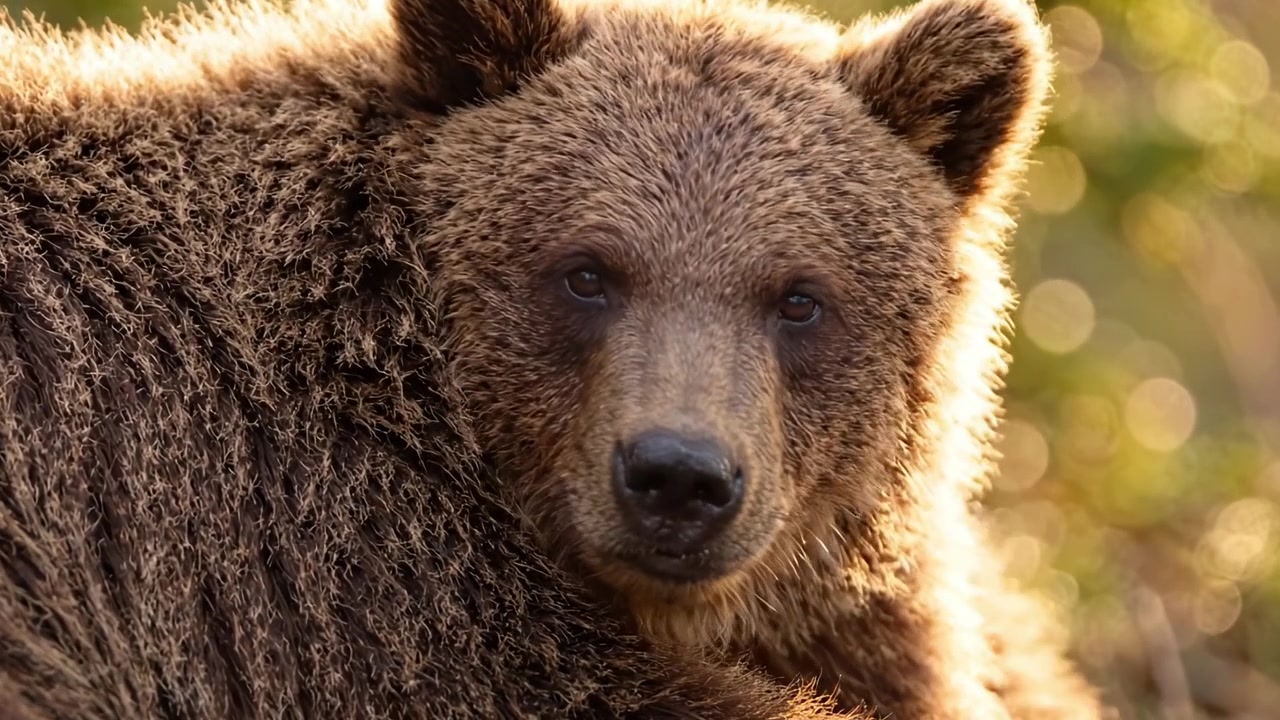 Un incontro ravvicinato con un orso grizzly, che mostra le sue caratteristiche maestose e la sua splendida pelliccia in un ambiente naturale lussureggiante illuminato da una luce calda.
