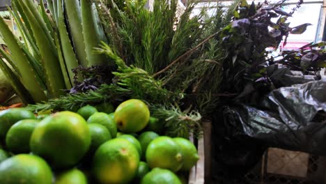 farmers market stall display fresh produce, green limes, rosemary, and aloe vera,