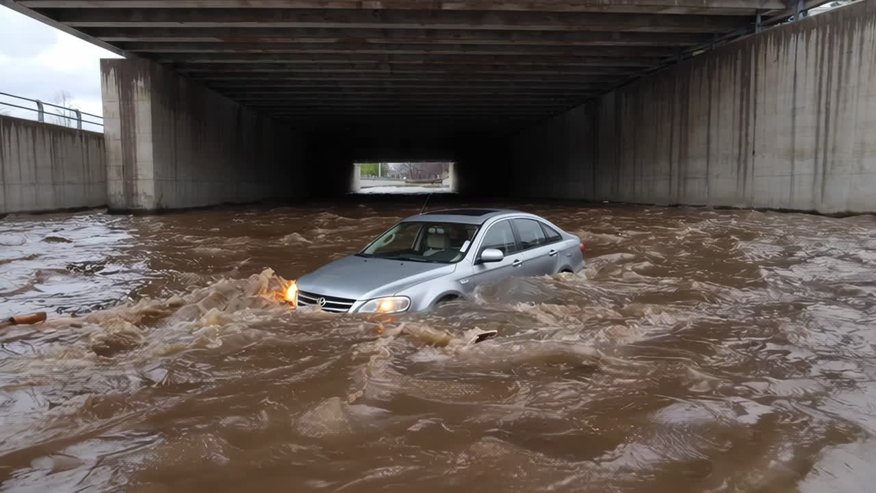 Bil fanget i oversvømmelse under en viadukt