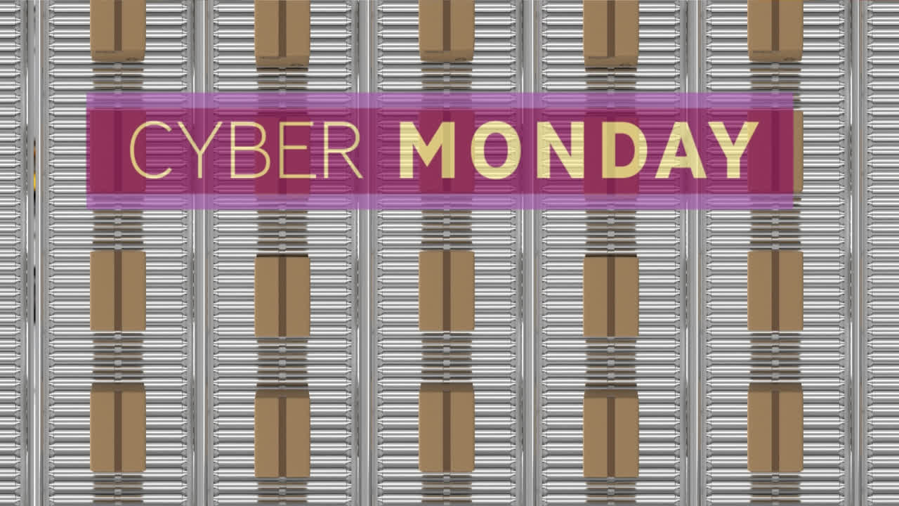 컨베이어 벨트에 있는 카드보드 상자 위에 있는 사이버 월요일 텍스트의 애니메이션