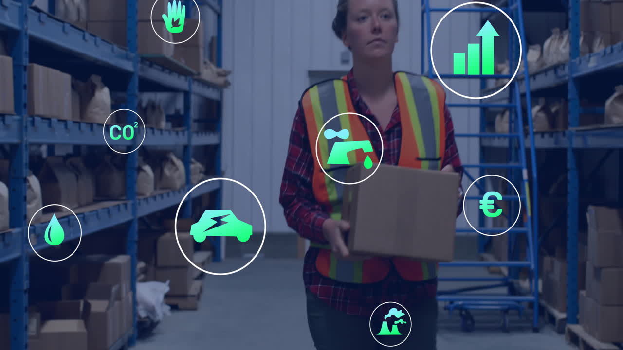 Carrying box with animation of digital logistics icons, warehouse worker busy