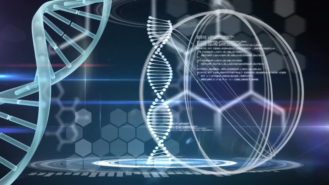 검은 바탕의 데이터 처리에 대한 dna 가닥과  ⁇ 색 원의 애니메이션