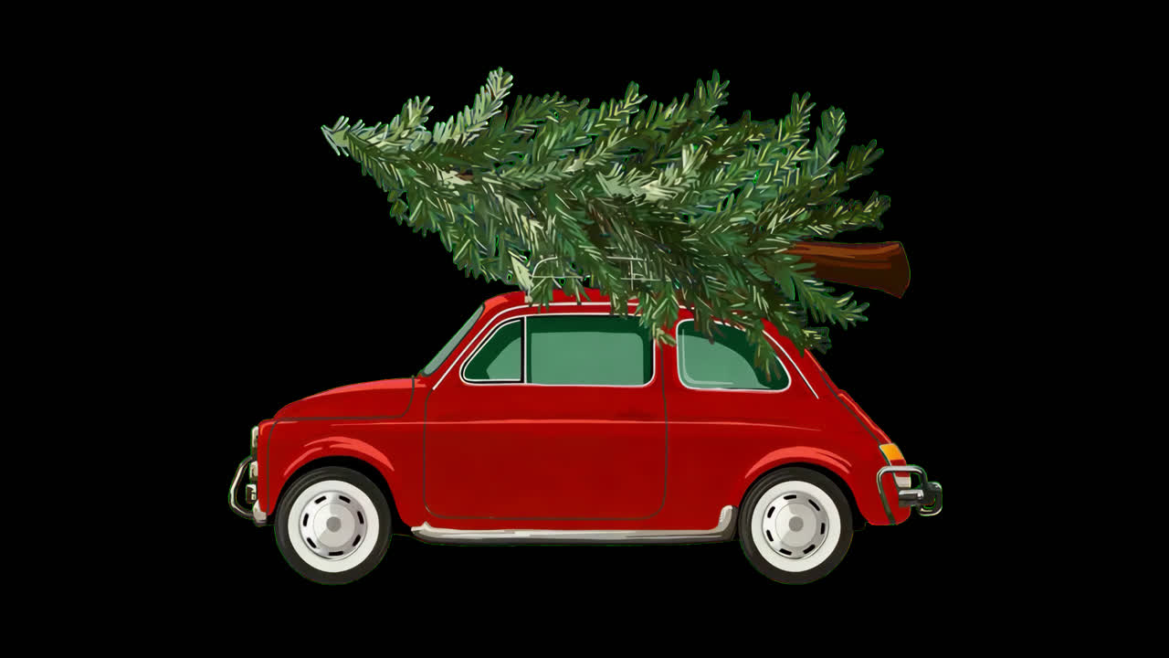 Vintage car carrying Christmas tree animation isolated asset, transparent 4K video, alpha channel