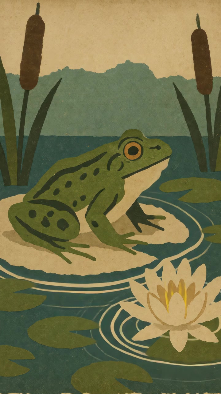 Animated Illustration of a Frog Sitting on a Lily Pad in a Pond