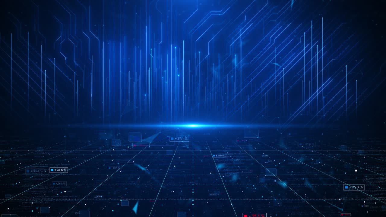 Cyberspazio con raggio di luce digitale, codice binario circostante, griglie futuristiche che simboleggiano l'avanzamento