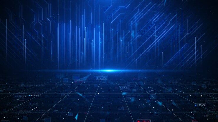 Cyberspazio con raggio di luce digitale, codice binario circostante, griglie futuristiche che simboleggiano l'avanzamento