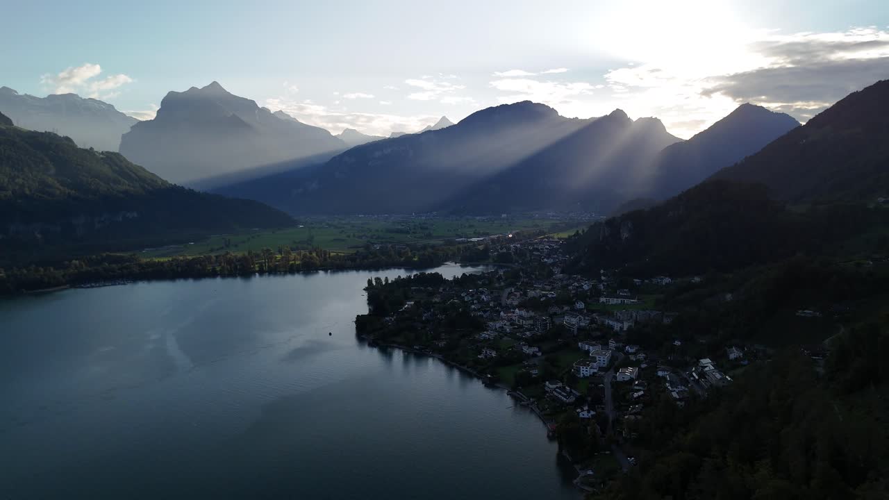 Nature lake village mountain landscape sunrise sunset Walensee Switzerland