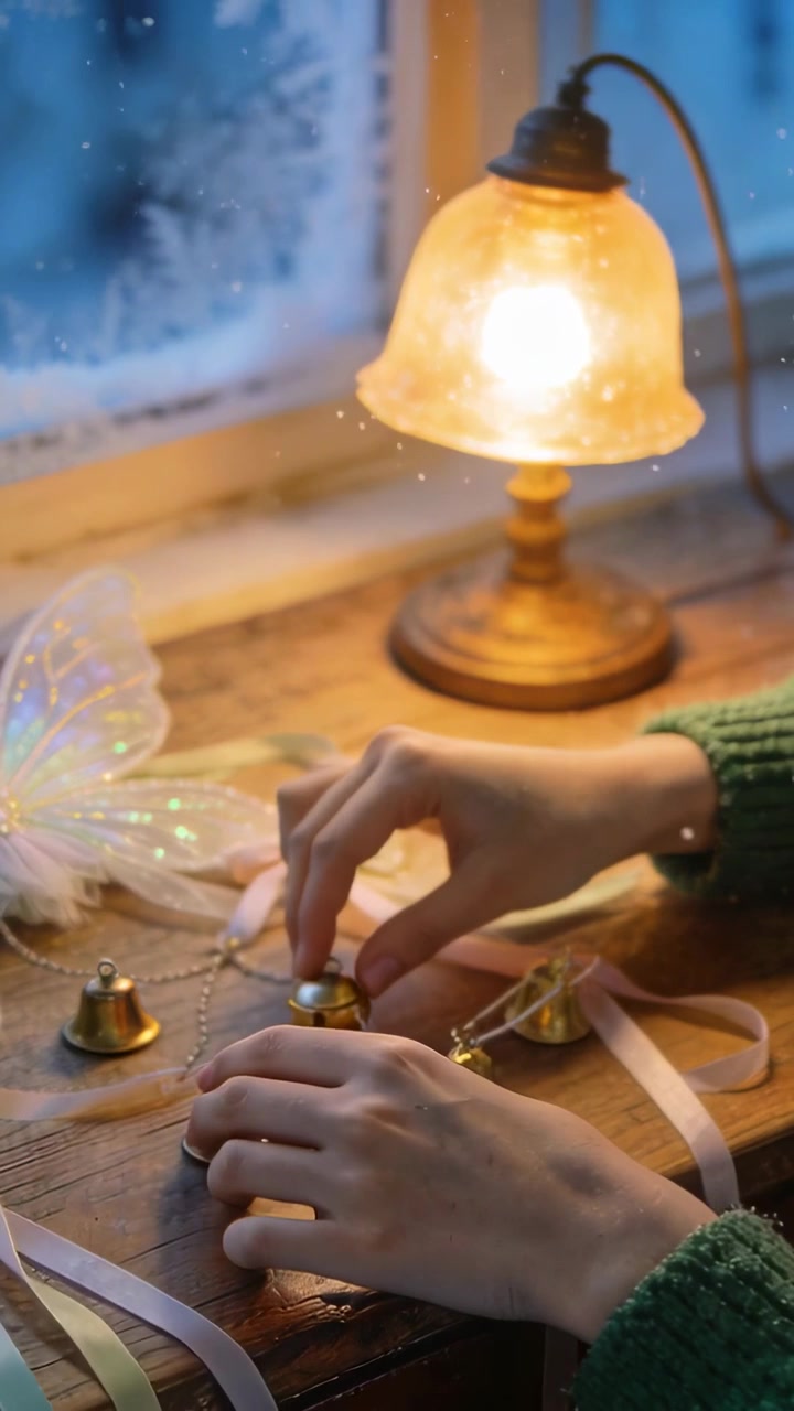 Video verticale: Prendendo un nastro, mani con maniche verdi che infilano campanelle su un davanzale di legno, creando una decorazione.