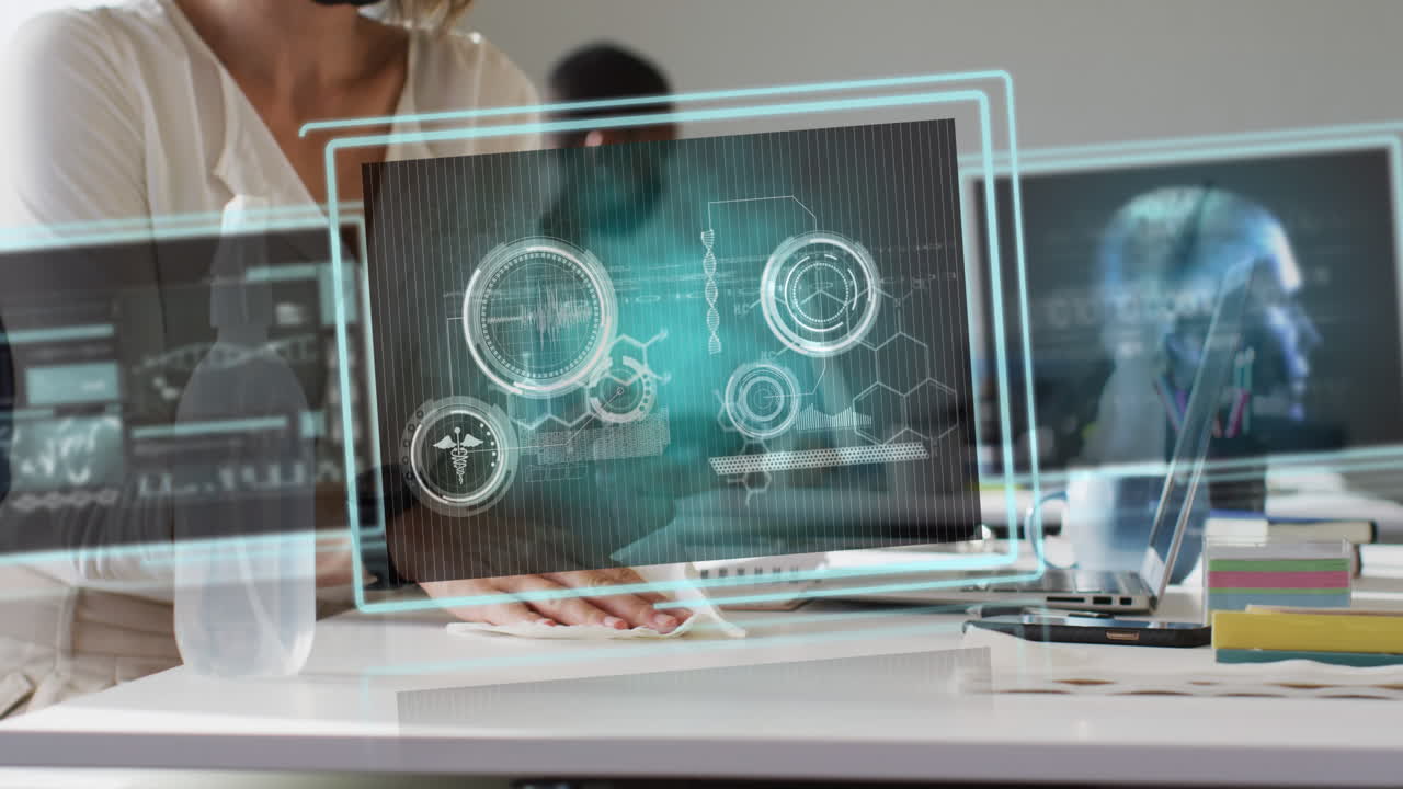 animación del procesamiento de datos sobre la mujer caucásica desinfectando la oficina