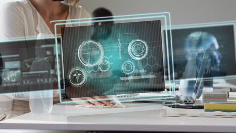 Animation of data processing over caucasian woman disinfecting office