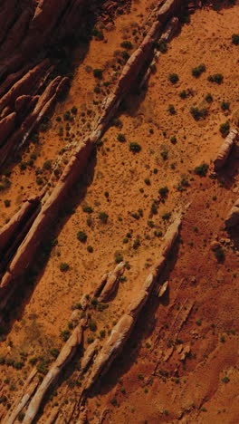 cars driving by the road going along strangely shaped rocks. orange desert with canyons in utah, usa. aerial view. vertical video