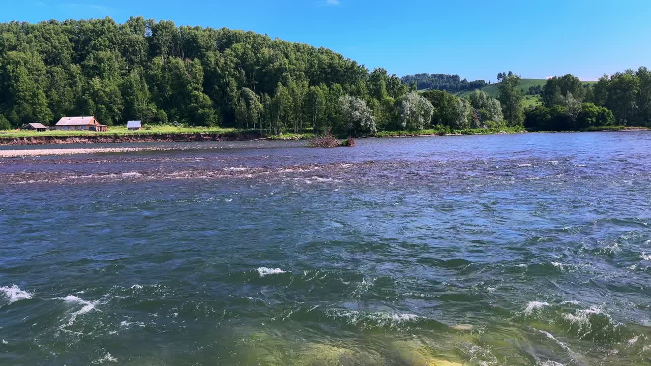 A Serene River Landscape Framed by Lush Greenery and Clear Blue Skies, Capturing the Tranquility of Nature's Flow and Vibrant Ecosystem
