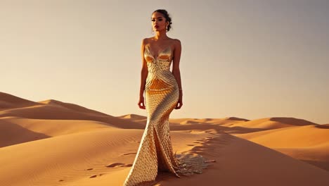 glamorous fashion model walking through golden desert landscape, shimmering dress flowing with elegant movement against dramatic sandy terrain during golden hour