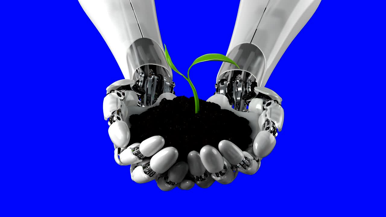 brazo robótico sostiene el suelo con el lapso de tiempo planta en crecimiento