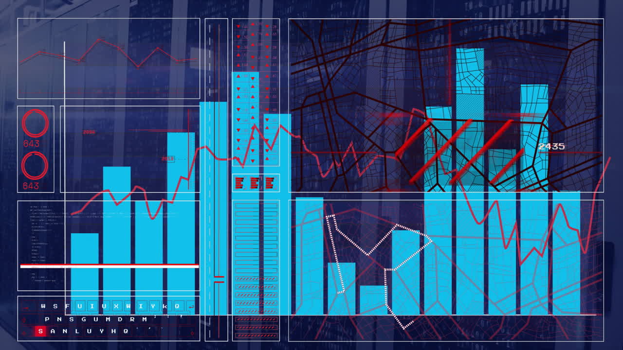 Analyzing blue and red financial charts with data points and lines animation