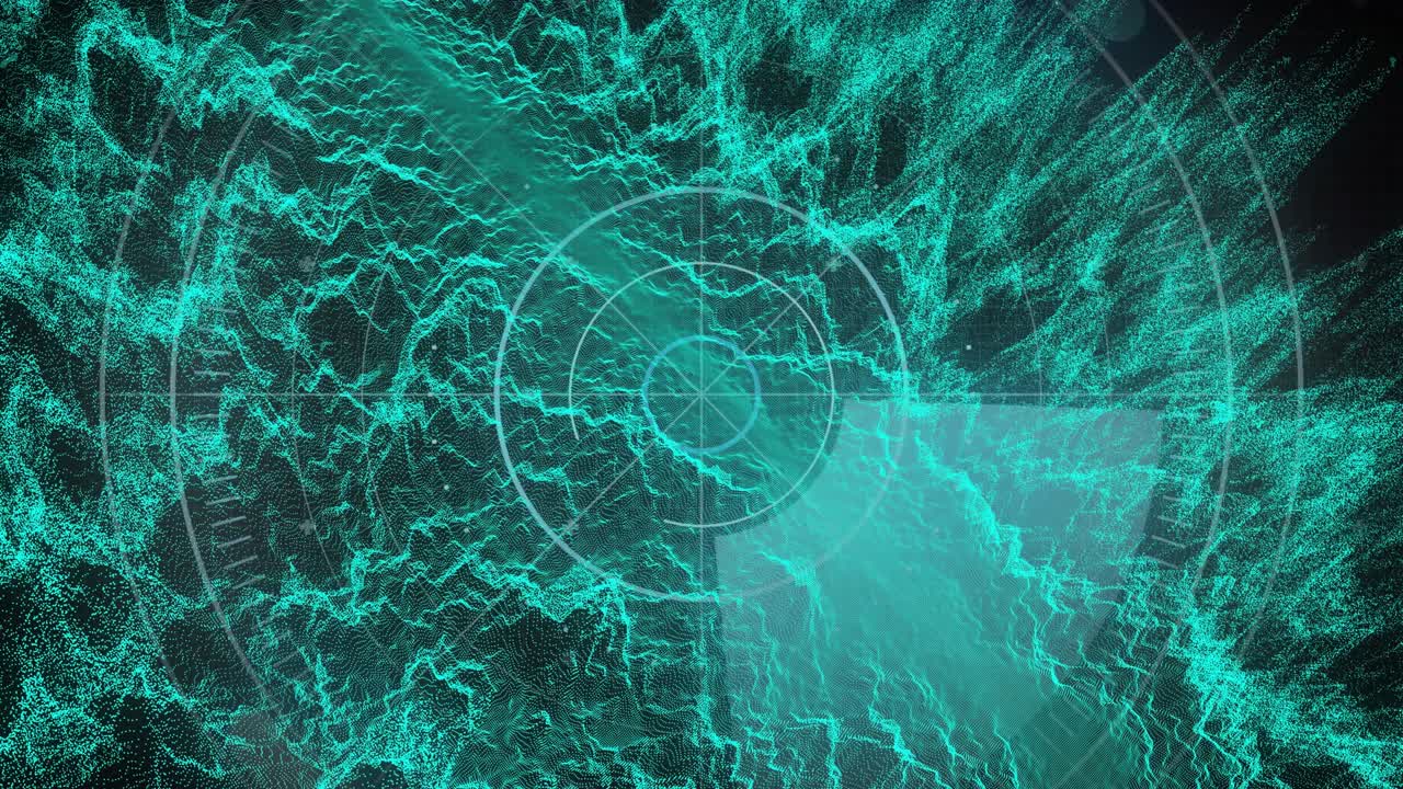 Teal particles rippling outward after center pulse, plume drifting inward to highlight radar grid