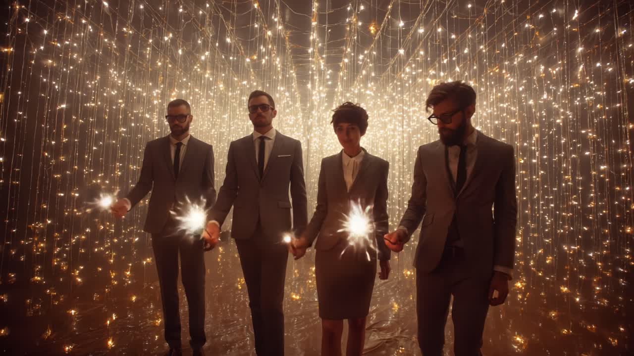 A Glamorous Group of Four Individuals in Formal Attire Walk Confidently Through a Dazzling Light Installation While Holding Sparklers, Creating a Stunning Visual Experience
