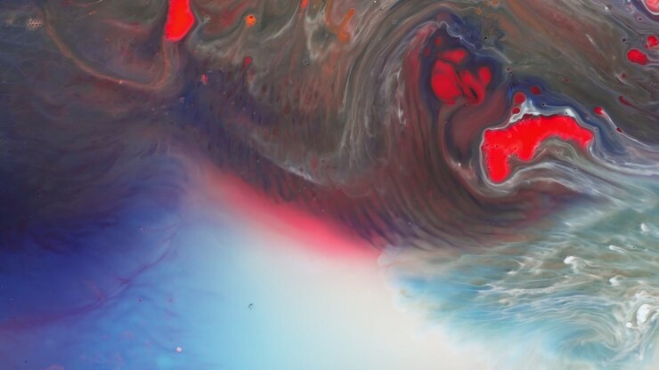 Scientific analysis of organic cellular structures represented by swirling ink in liquid, featuring a moody cinematic atmosphere with red and blue tones.