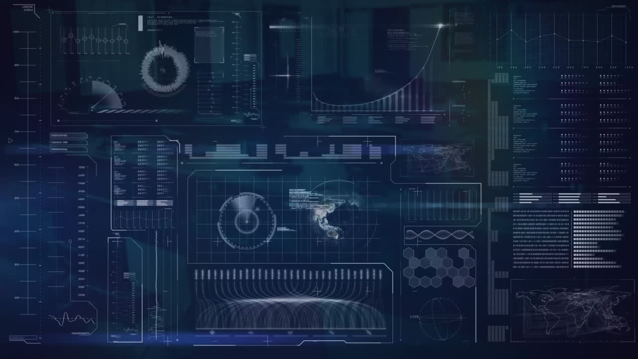 Digital interface with data processing against blue background