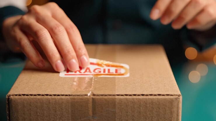 A Careful Hand Places a Fragile Sticker on a Package, Highlighting the Importance of Caution in Shipping and Handling Delicate Items Safely and Securely