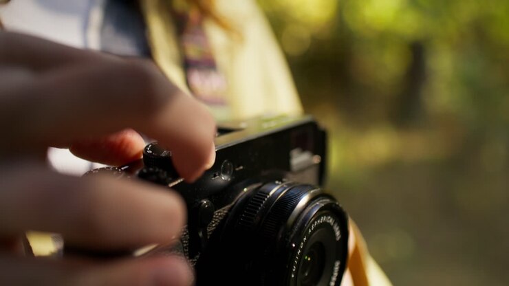 Woman Adjusting a Film Camera Outdoors
