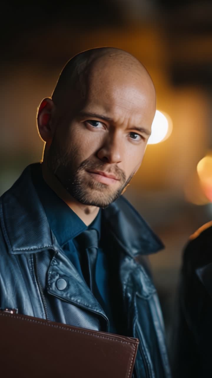 A focused and determined man in a leather jacket holds a folder, exuding confidence and authority in a dramatic lighting setting, emphasizing his serious demeanor