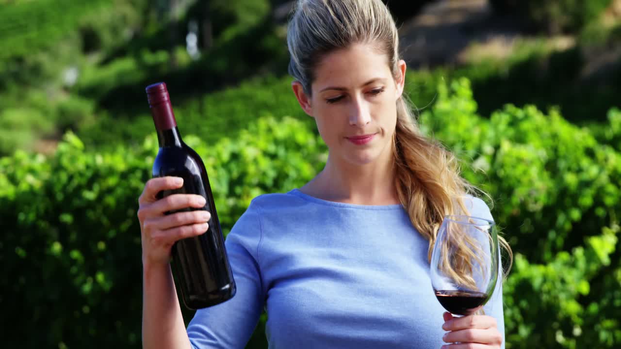 아름다운 여자 가 포도 ⁇  에서 포도주 를 검사 하고 있다
