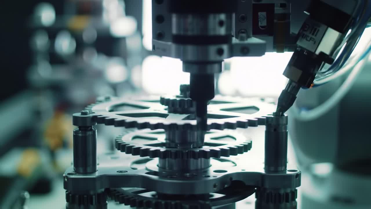 A robotic arm precisely assembles gears within a well-lit laboratory, showcasing advanced technology in action. The intricate design highlights the sophistication of modern engineering.