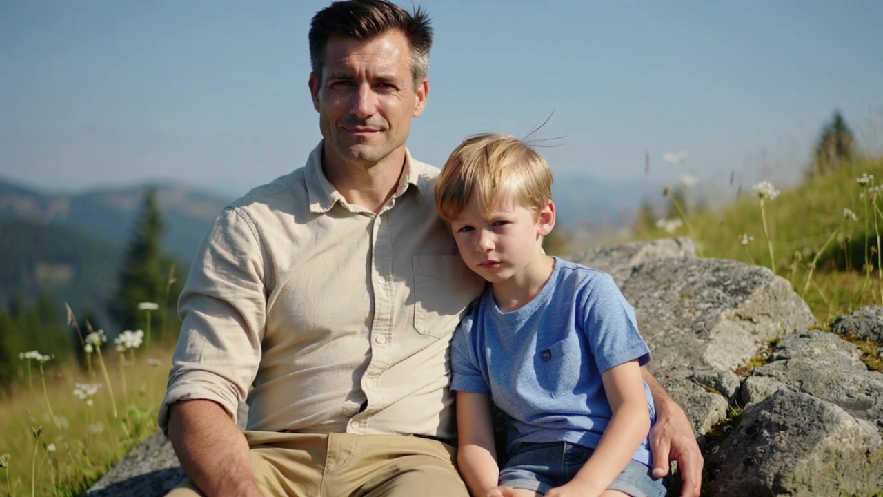 Sitting man in rolled-sleeve shirt supporting son in blue tee, resting after hiking on meadow rock