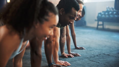 gym people, push up and class doing exercise