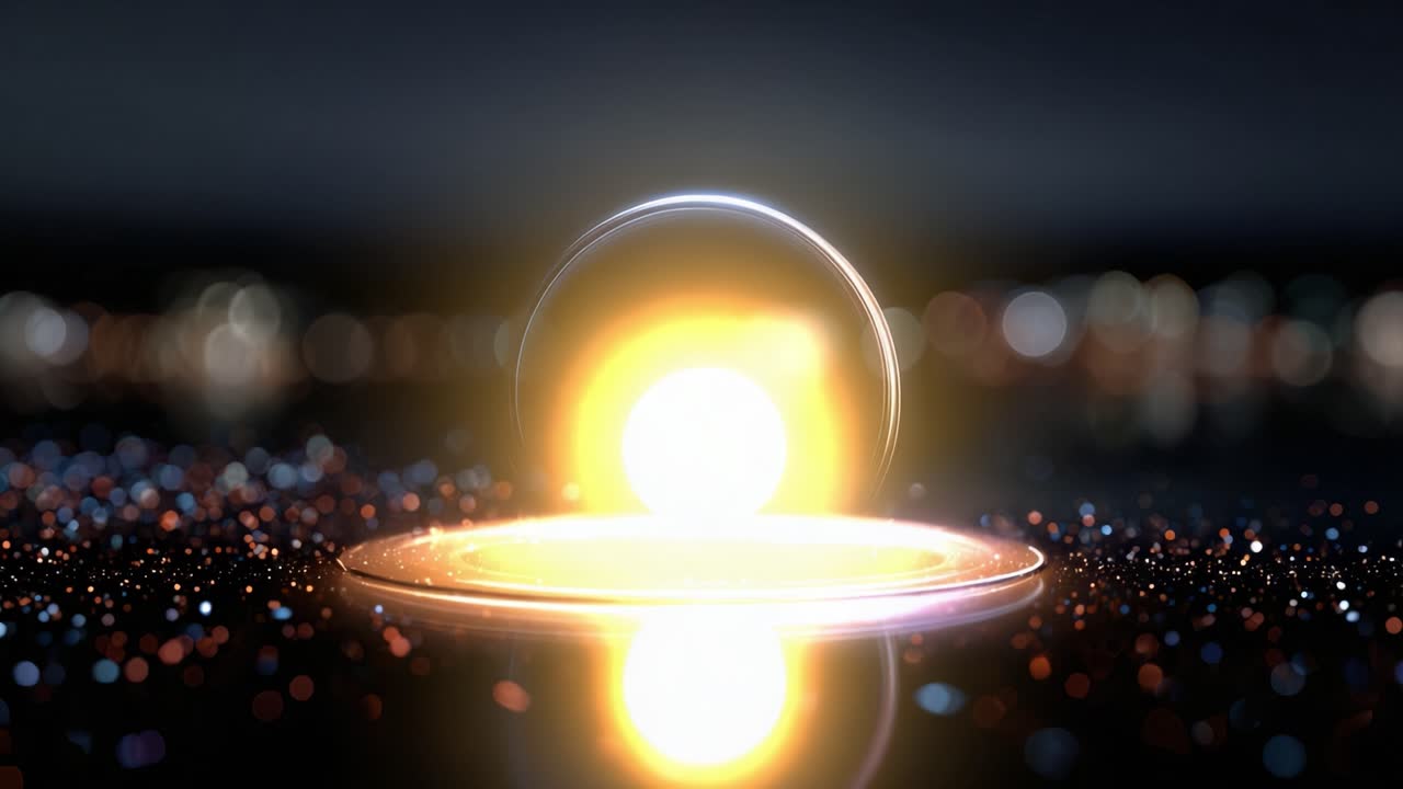 Un viaggio affascinante di luce ed energia: da una bolla serena a una sfera esplosiva simile al sole, illuminando una superficie scintillante con colori vivaci