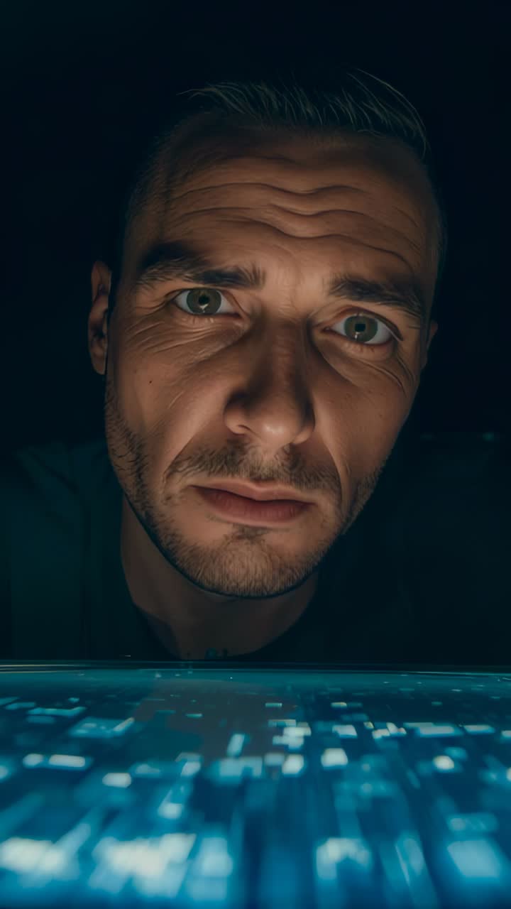 Vertical video: Leaning adult male peering at dark desk, checking blue screen drawing attention