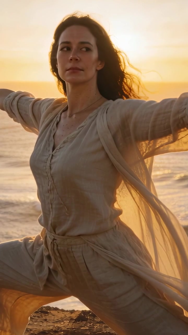 Video vertical: Brisa moviendo un chal, mujer manteniendo una zancada en la orilla rocosa al atardecer para el equilibrio, vestida de lino.