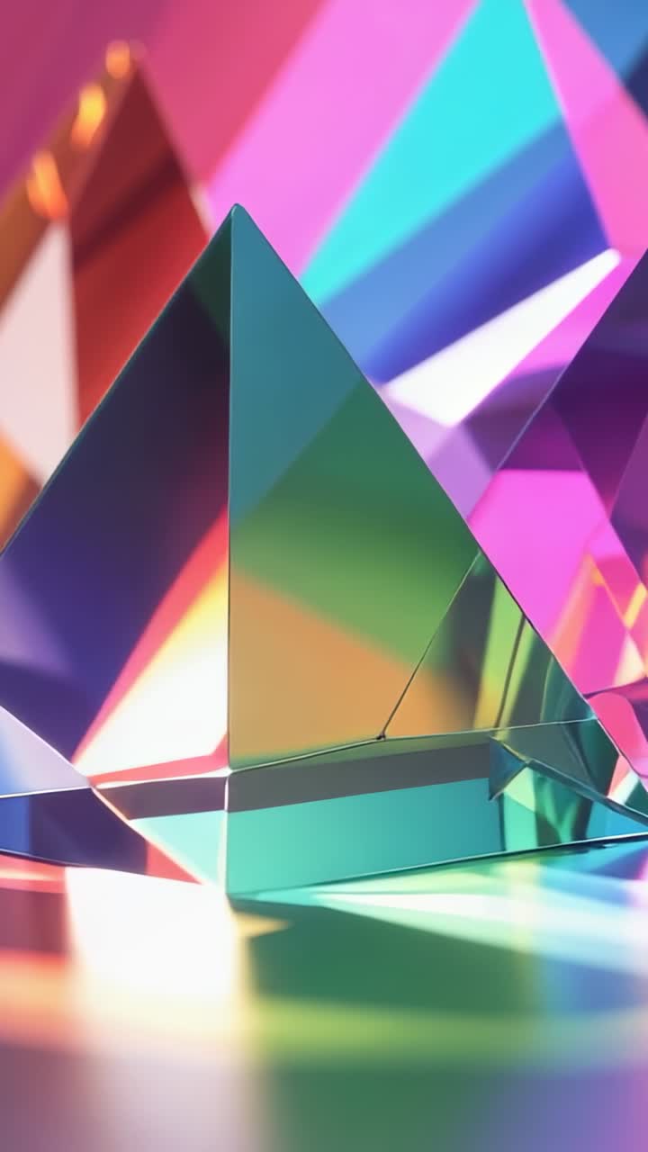 Vertical video: Camera panning revealing purple prism beside green prism in studio, refracting neon