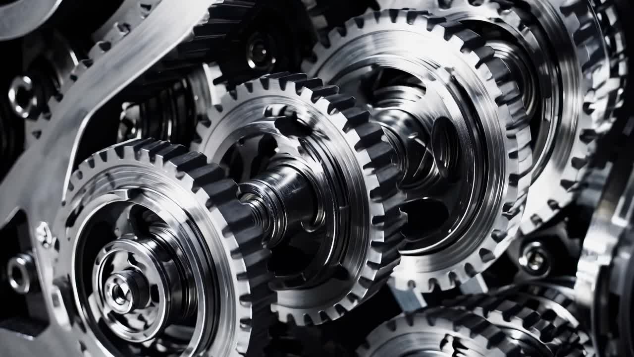Close-up video of interlocking metal gears in motion, showcasing intricate mechanics