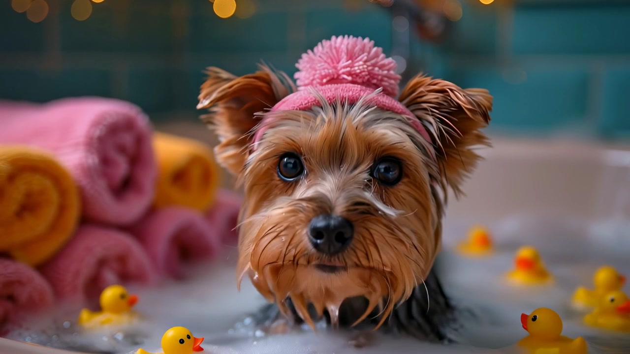 Cane Yorkshire terrier che fa un bagno di schiuma con le anatre. Vista frontale di un cagnolino bagnato che indossa un cappello rosa con pon-pon e chiude gli occhi in un bagno di schiuma circondato da anatre di gomma gialle